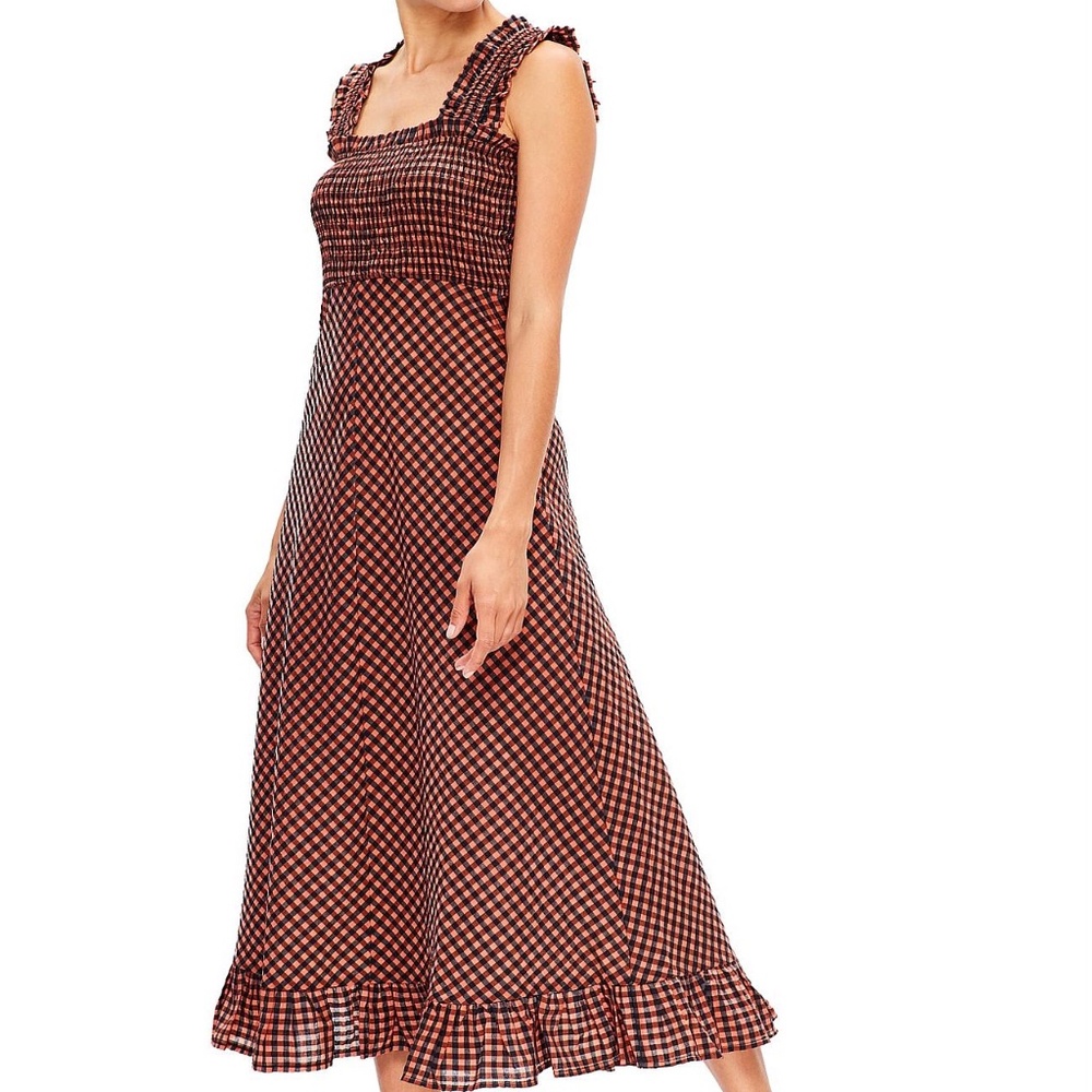 GANNI Rust & Black Seersucker Check Long Dress Size 38 US size 6